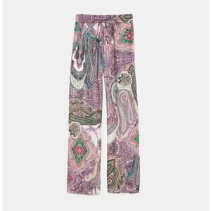 ZARA Satin Effect Paisley Print Wide-Leg Trousers, Size S